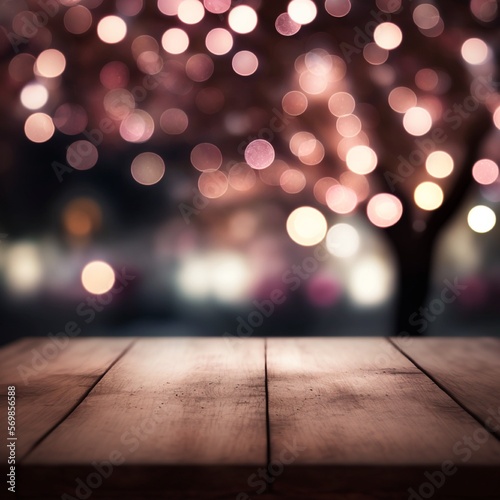 Wooden table for product display with bokeh lights background