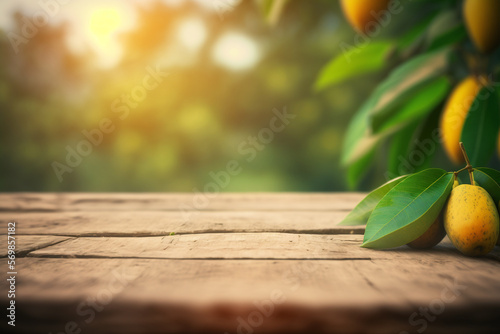 Empty wooden table in front of mango tree background