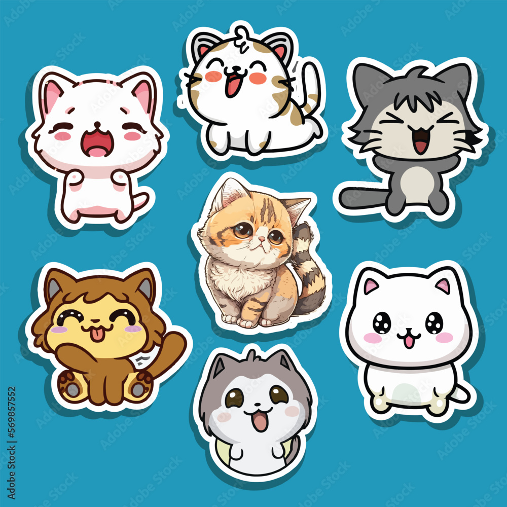 Collection of hand drawn cat stickers, cute cats vector illustration set Collection of hand drawn cat stickers, cute cats vector illustration set
