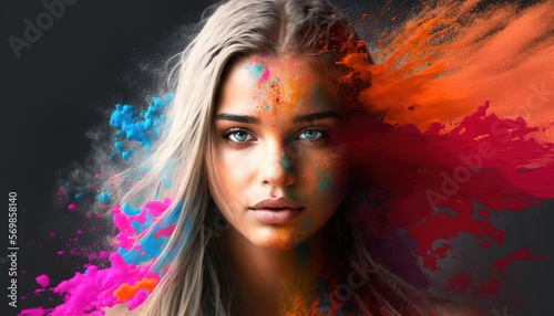 Beautiful young girl in colorful explosion illustration for Holi holiday generative ai © Roman