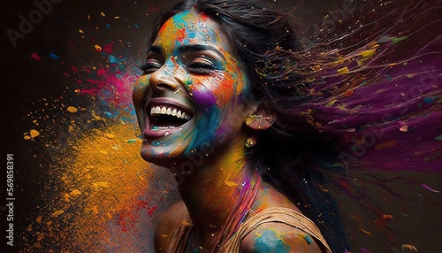 Beautiful Indian woman happy experiencing joy in colorful explosion illustration for Holi holiday generative ai