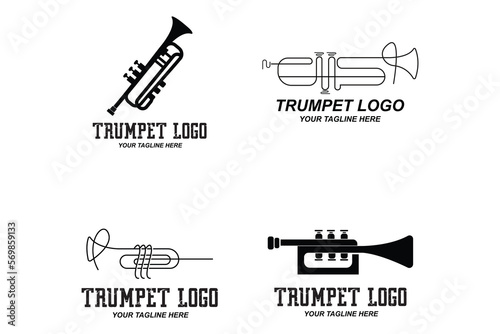Trumpet logo design, generate melody, musical instrument vector sketch illustration