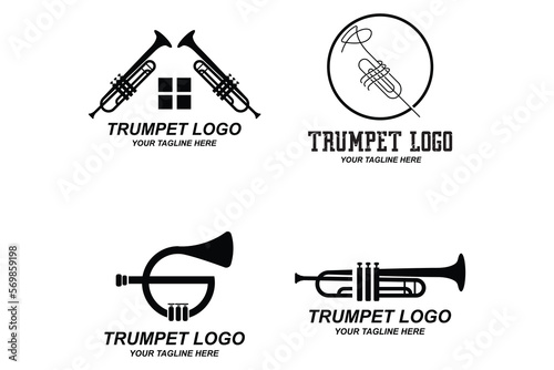 Trumpet logo design, generate melody, musical instrument vector sketch illustration