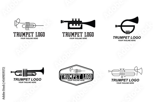 Trumpet logo design, generate melody, musical instrument vector sketch illustration