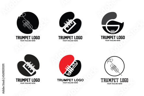 Trumpet logo design, generate melody, musical instrument vector sketch illustration