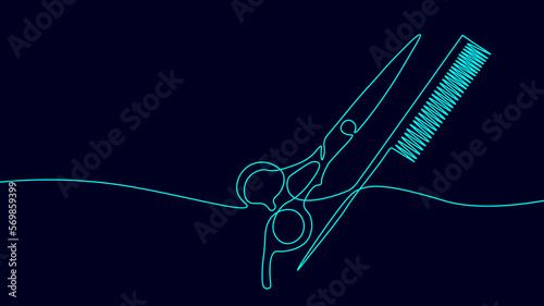 One line continuous scissors hairdresser symbol concept. Silhouette hair design image style technology icon. Digital white single line sketch drawing vector illustration