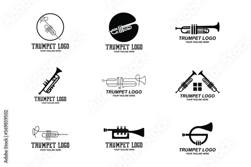 Trumpet logo design, generate melody, musical instrument vector sketch illustration