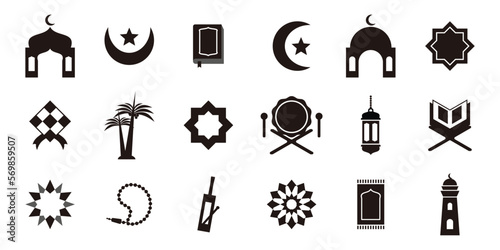 set of islamic icons flat design white background, vector illustration of mosque, star moon, holy book, tasbih, lantern, ketupat, ornament.