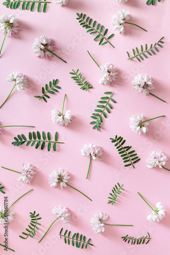 Wallpaper Mural Creative summer pattern made of white flowers and leaves on pastel pink background. Beautiful floral layout. Nature concept. Top view. Flat lay. Torontodigital.ca