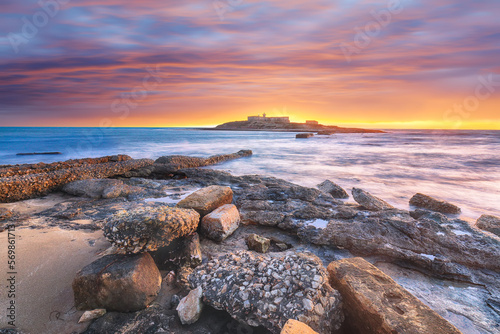 Dramatic evening scene of awesome spring seascape on the Passero cape Sicily.