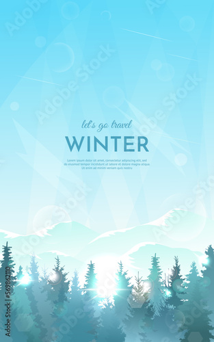 Mountain landscape. The sun's rays break through the branches of the trees. Clear blue sky. The mountains are covered with snow. Vector illustration. Design of a postcard, banner, invitation, poster.