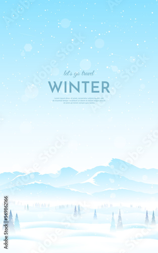 Snowfall in the mountains. Spruce and coniferous trees in snowy drifts. Winter landscape. Mountain tourism, extreme sports. Design of poster, flyer, banner, web background. Vector illustration.