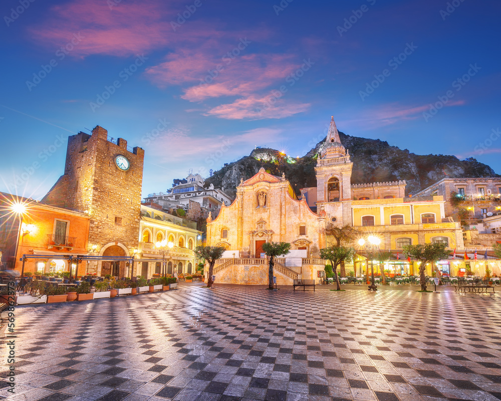 Belvedere of Taormina and San Giuseppe church on the square Piazza IX Aprile in Taormina.