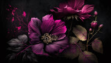 Generative AI, Close up of blooming flowerbeds of amazing viva magenta flowers on dark moody floral textured background. Photorealistic effect.