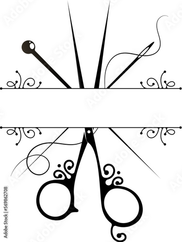 Scissors with a sewing needle and thread pattern. Banner for sewing. Sewing salon and tailor sign