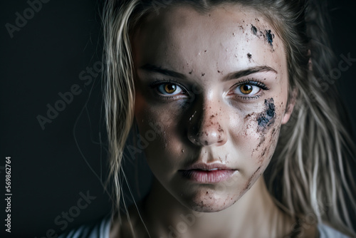 Girl being struck. Portrait of young girl with bruises on her face looking sadly, ai generative