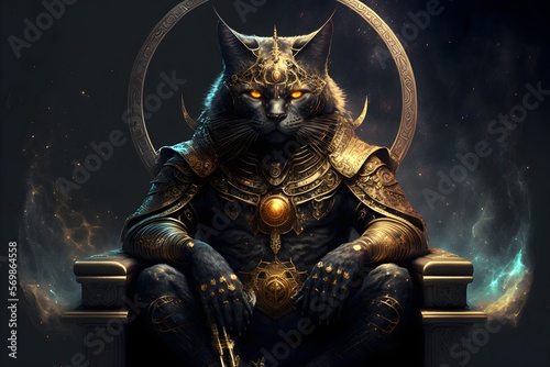 Cat King clad in golden black armour sitting on cosmic throne photo