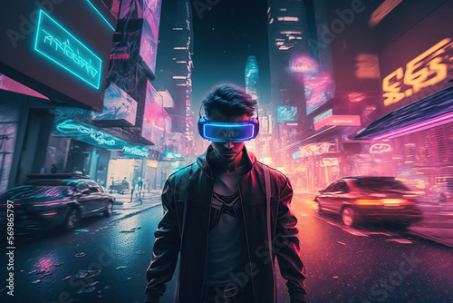 Boy with virtual reality goggles walking on digital city inside the metaverse. Generative AI
