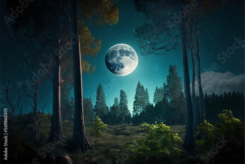 forest with moonrise between the trees evening sky moon. Generative Ai