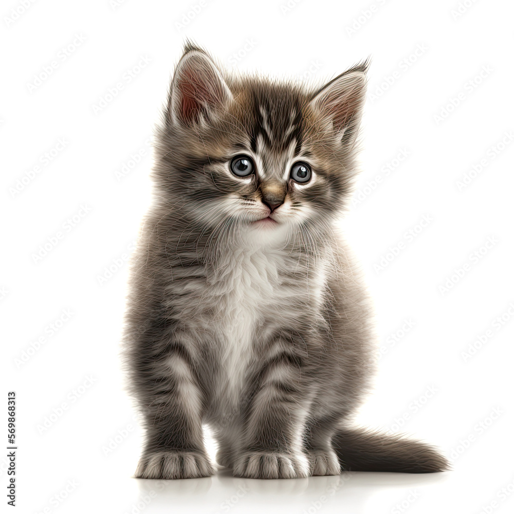 Funny gray kitten with beautiful big eyes posing on a white background. Lovely fluffy cat. Free space for text. Generative AI