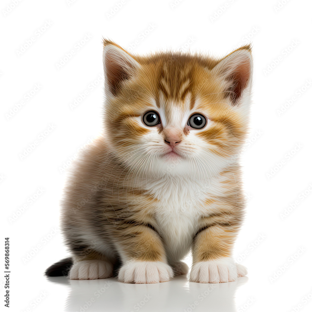 Funny brown kitten with beautiful big eyes posing on a white background. Lovely fluffy cat. Free space for text. Generative AI