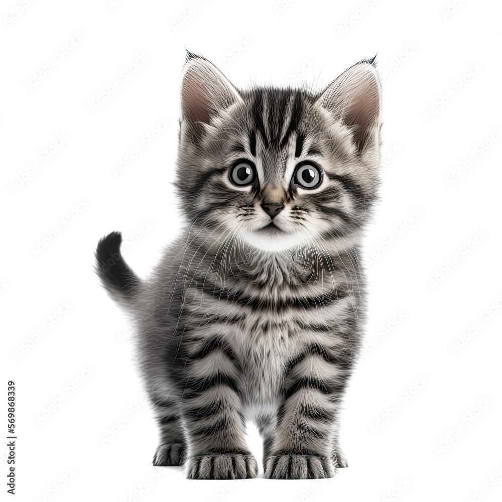 Fototapeta premium Funny gray kitten with beautiful big eyes posing on a white background. Lovely fluffy cat. Free space for text. Generative AI