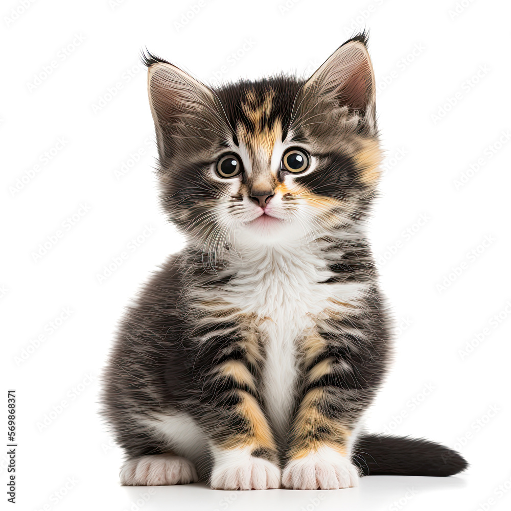 Funny brown kitten with beautiful big eyes posing on a white background. Lovely fluffy cat. Free space for text. Generative AI