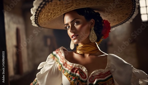 Cinco de Mayo Beautiful female dancer model in traditional costume and sombrero dancing generative ai