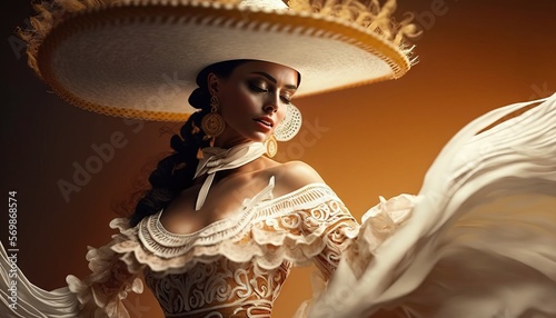 Cinco de Mayo Beautiful female dancer model in traditional costume and sombrero dancing generative ai