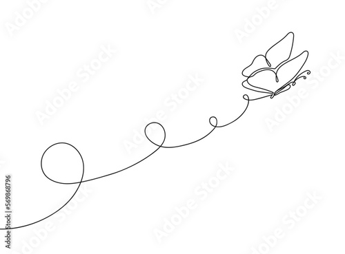 Continuous one line butterfly route. Fluttering moth, nature beauty minimalist botanical hand drawn flying insect vector illustration