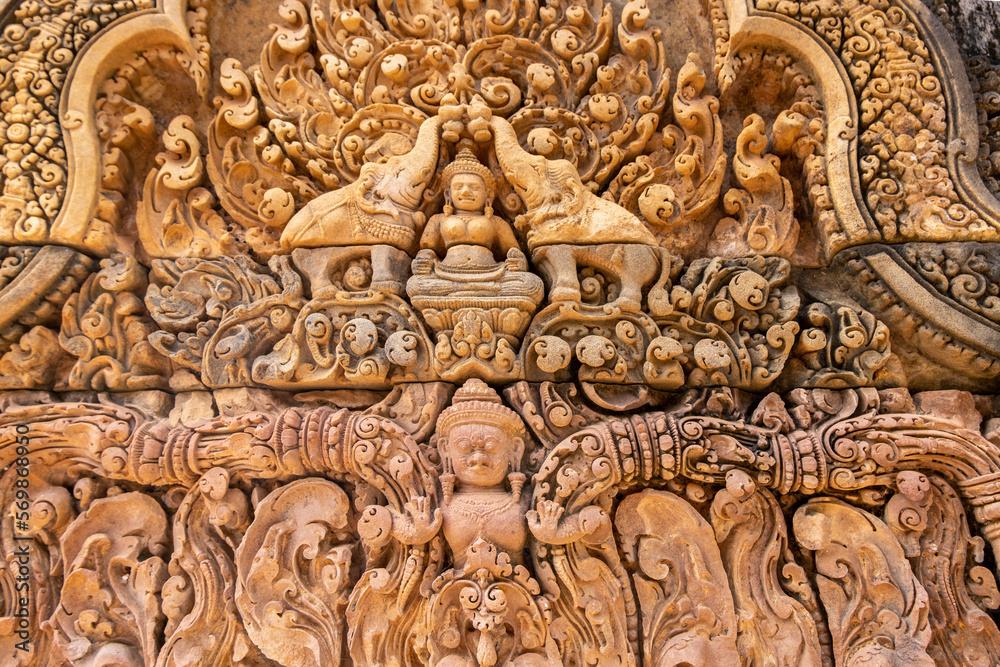Beautiful carving bas-relief at Banteay Srei temple, Angkor Wat, Siem Reap. Cambodia