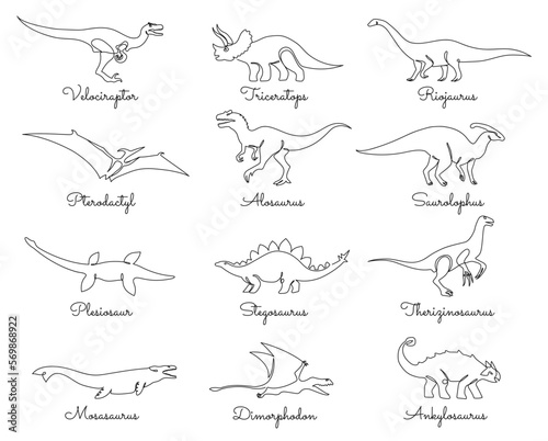 Single line dinosaurs. Jurassic dino, predators and herbivores prehistoric animals hand drawn one line dinosaur silhouette vector illustration set