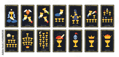 Minor arcana cups tarot cards. King, queen, knight, page and ace of cups, esoteric deck for divination vector illustration set photo