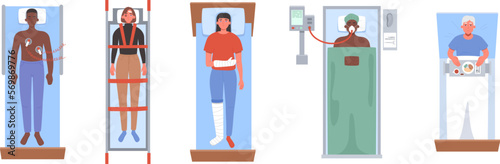 Top view hospital patients. Defibrillation, ambulance cart, person with fractures, surgery and elderly patient with food on tray vector set