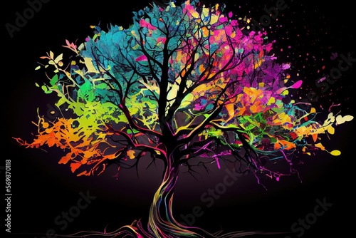 Tree with rainbow color leaves on branches, art and creativity of nature concept, generative ai