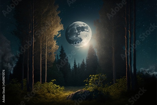 forest with moonrise between the trees evening sky moon. Generative Ai