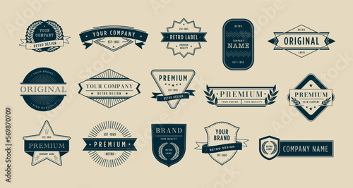 Premium badges. Retro brand name label, emblem design template and seal stamp banner frame vector set