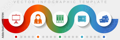 Seminar infographic vector template with icon set, miscellaneous icons such as board, woman, archive, safe and money for webdesign and mobile applications