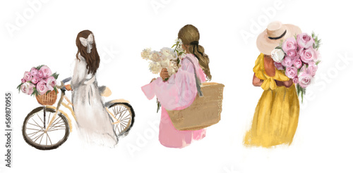 Spring girls, girls with flowers, spring flowers, summer mood. Illustration isolated on white, png.