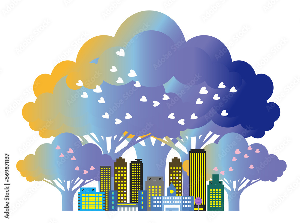 Obraz premium 桜咲く春の美しい街並みと暮らしの風景。人々が明るく暮らせる自然と住宅が溶け込む街づくり。