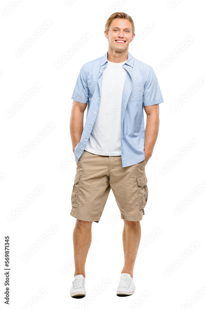 Fototapeta premium A handsome young caucasian tourist smiling and posing with hands in his pocket and looking at the camera isolated on a png background.