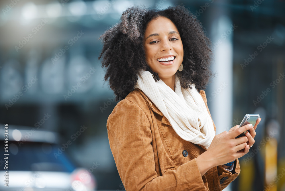 Cellphone, street and portrait of a black woman in the city networking on social media, mobile app or internet. Happiness, smile and African female typing text message on a phone and walking in town.