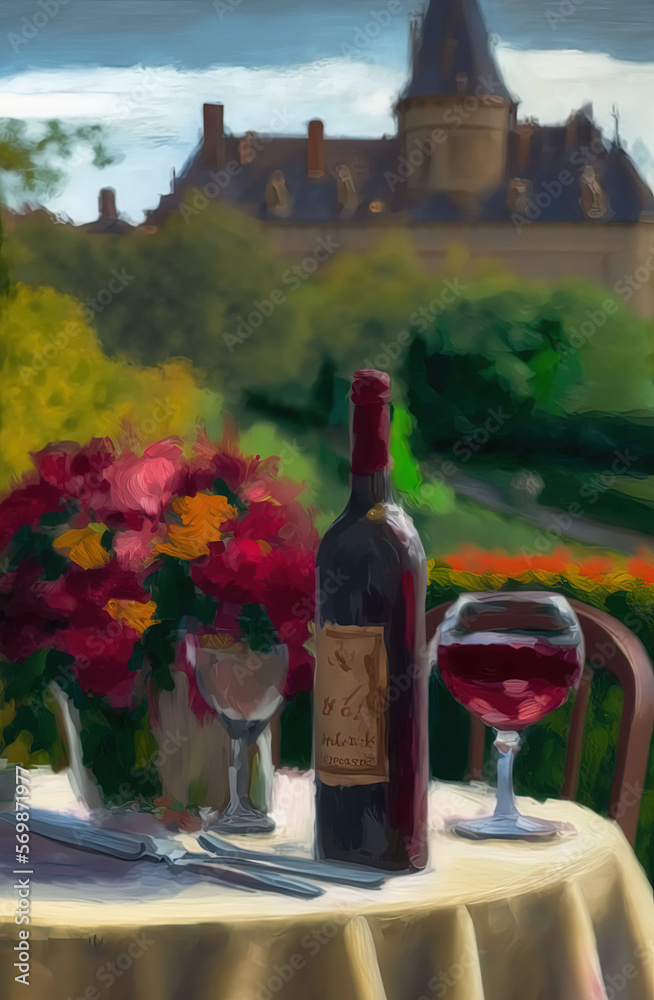 A romantic scene overlooking lush gardens, a bottle of red wine on the table. Impressionistic style and painted in oils.