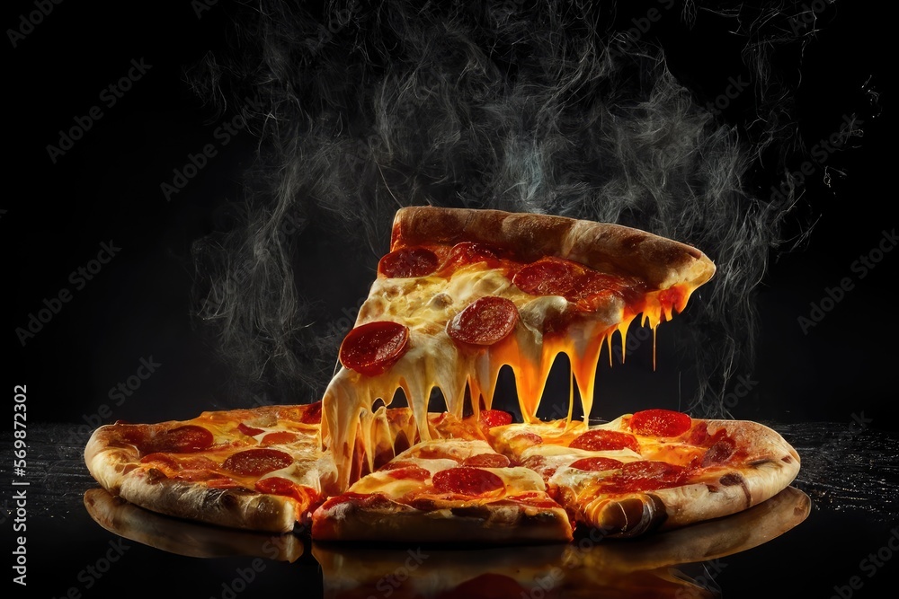 Pizza slice and hot pizza on black background, generative AI - obrazy, fototapety, plakaty 