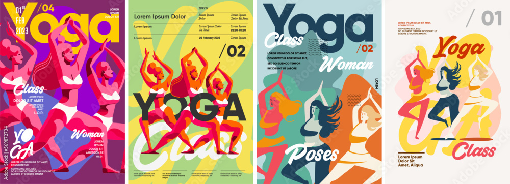 Yoga, yoga class. Set of vector illustrations. Flat design. Typography. Background for a poster, t-shirt or banner.
