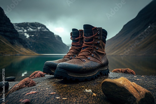 Comfortable hiking boots stand on a rock against the backdrop of a rainy day in the mountain. Generative AI.