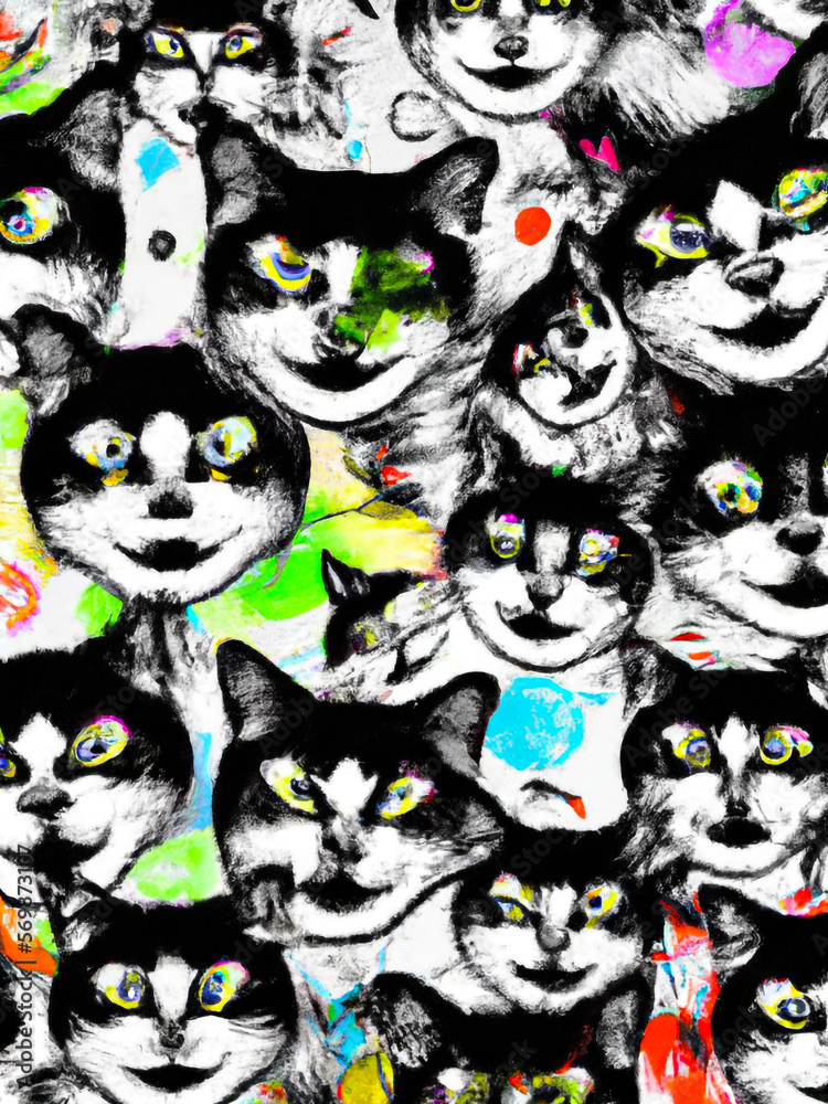 Cat faces, colours abstract background collage – Generative AI Illustration Cat faces, colours abstract background collage – Generative AI Illustration