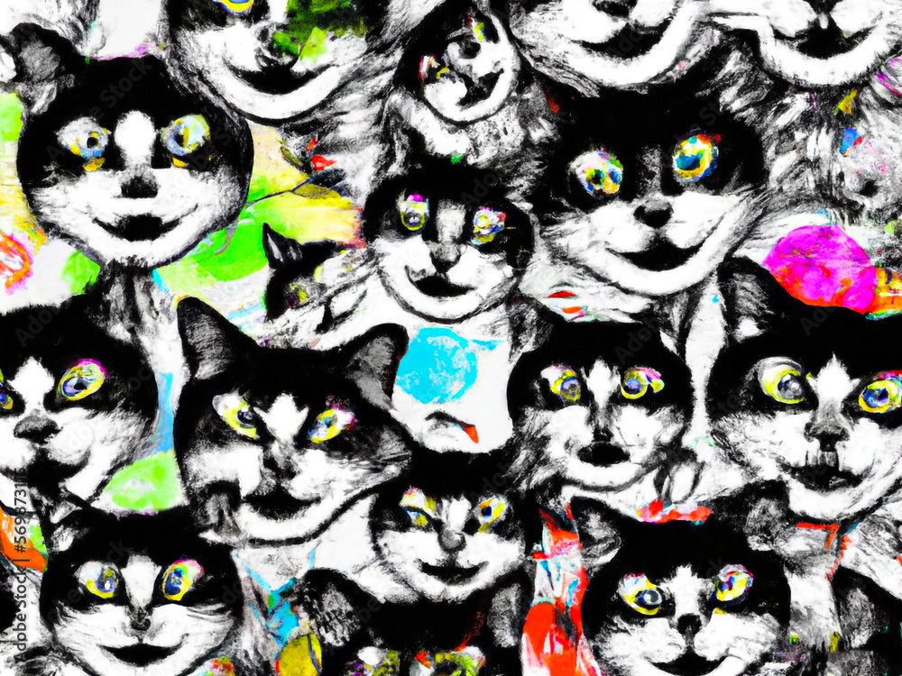 Cat faces, colours abstract background collage – Generative AI Illustration Cat faces, colours abstract background collage – Generative AI Illustration