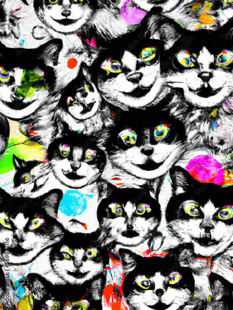 Cat faces, colours abstract background collage – Generative AI Illustration