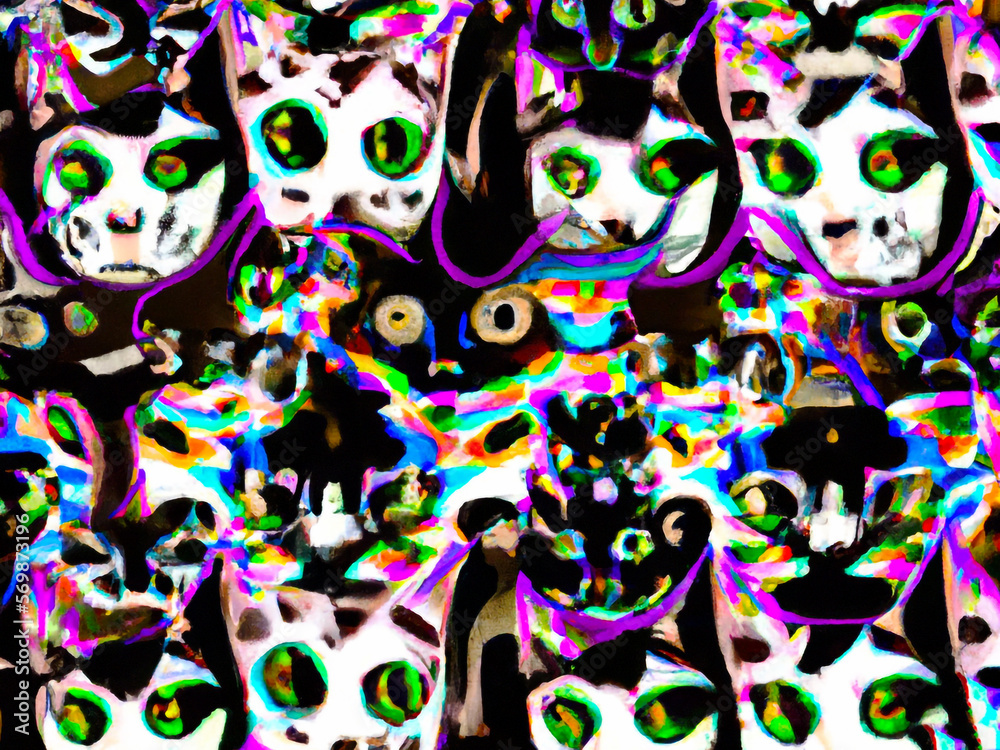 Fototapeta premium Cat faces, colours abstract background collage – Generative AI Illustration